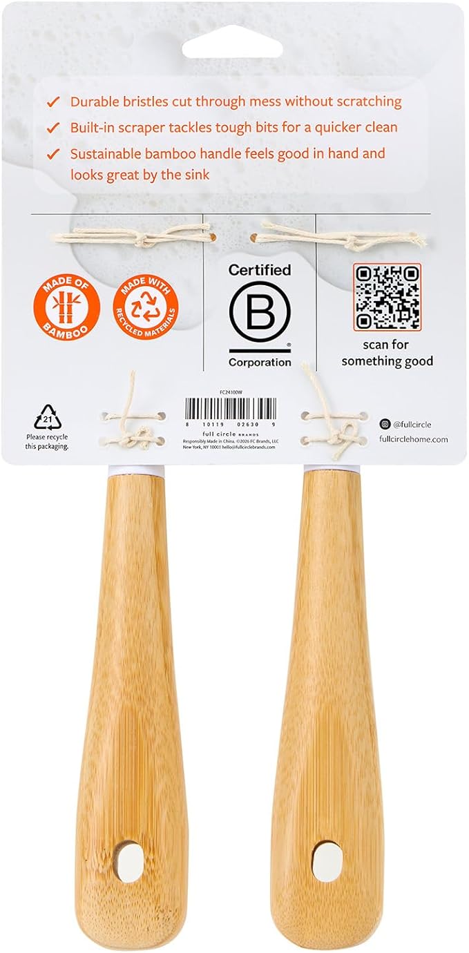 Full Circle Be Good - Bamboo Handle Dish Brush – Sustainable Kitchen Cleaning with Tough Bristles - Natural Dish Scrubber, Nonstick & Cast Iron Cleaner - Long Handle Brush for Dishes, Pots, and Pans