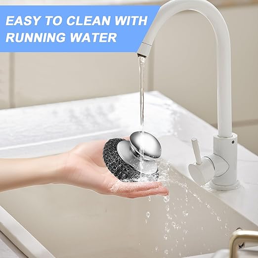 2Pcs Stainless Steel Wool Scrubber with Handle, 4 Replacement Steel Scrubber Wool Pads,Stainless Steel Scrubber for Cleaning Cast Iron, Dishes, Kitchen Pots, Pans, Grills, Stoves, Sink