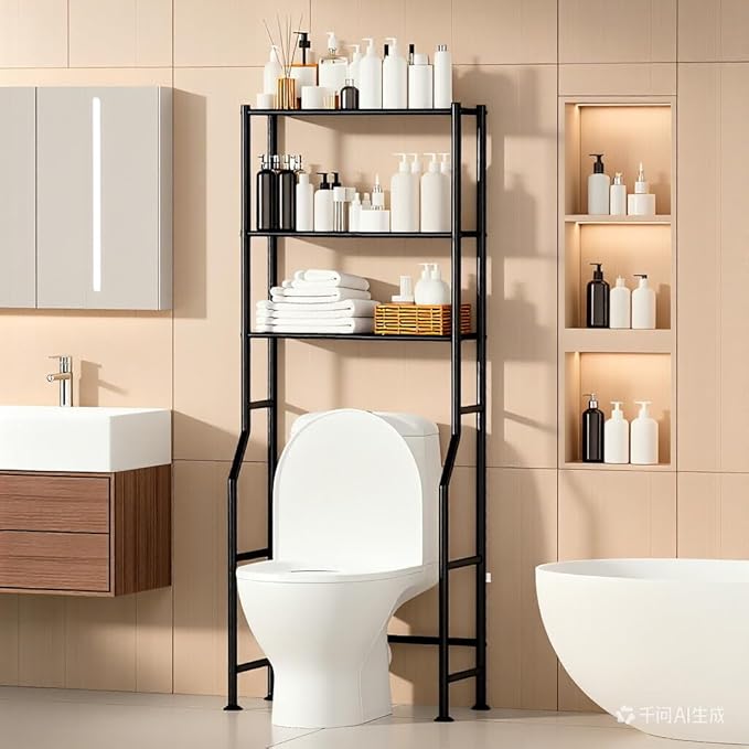 3 Tier Over The Toilet Storage Shelf: Bathroom Organizer Rack with M-Shaped Detachable Dividers & Hooks, Over Toilet Cabinet, Freestanding Shelves Above Toilet for Space-Saving,Heavy Duty, Black