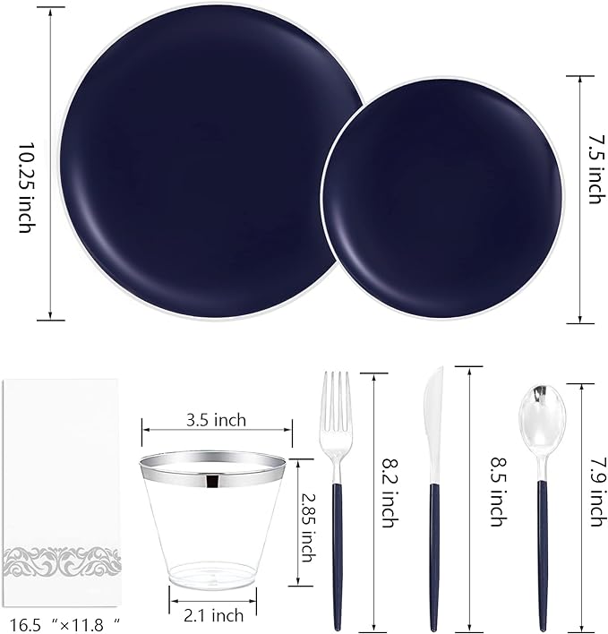 KIRE 175Pcs Blue Plastic Plates with Silver Rim & Disposable Silverware with Blue Handle & Silver-rim Cups & Hand Napkin & Plastic Dinnerware for Parties/Wedding/Graduation/Memorial Day/Father's Day