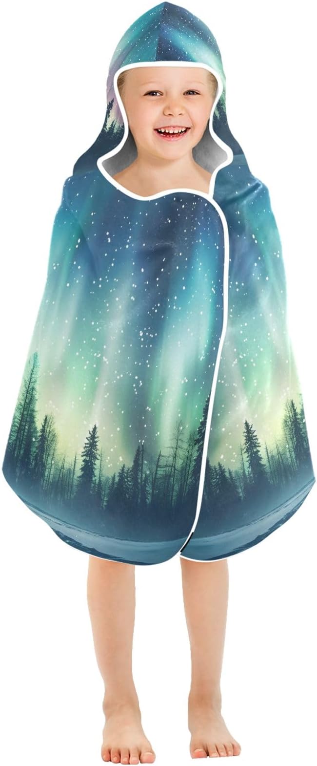 Hooded Towel for Kids Aurora Borealis in Woods Beach Wrap Bath Towels 50x23.5in