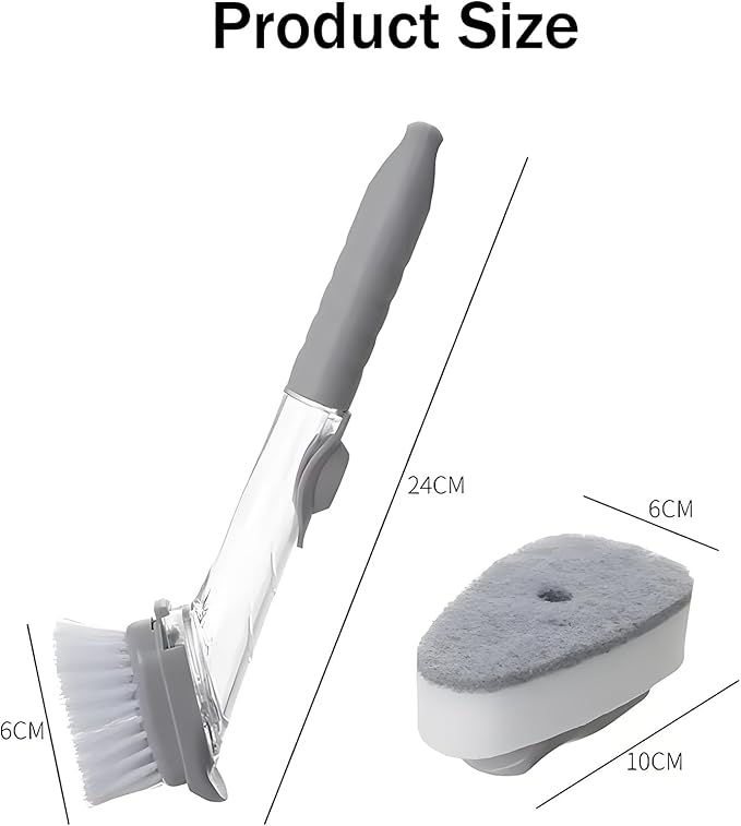Soap Dispensing Dish Brush with Holder, Kitchen Pot Pan Scrub Brush Set with Replaceable Brush Head, Sink Cleaning Brush with Storage Tray (2-piece Brush Head Set)