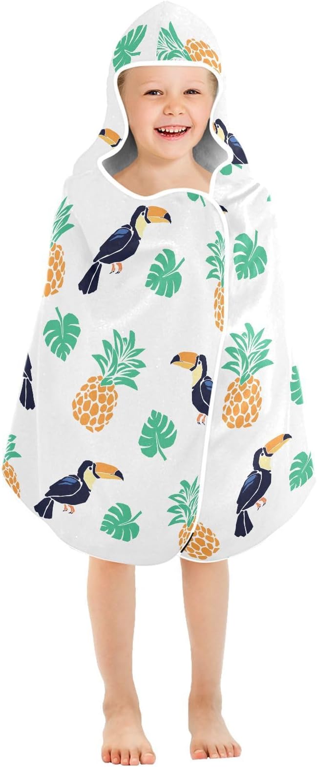 susiyo Kids Hooded Bath Towel Toucan Pineapple Beach Towel for Kids 23.5 x 50 Inch Microfiber Soft Absorbent Quick Dry Bath Swim Pool Towel Wrap Poncho Bathrobe with Hood for Kids Toddler