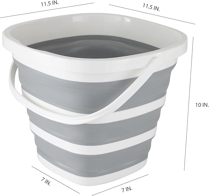 Simplify Square Bucket | Portable | Space Saver | Holds 10 Liters | Great for Cleaning | Boating | Camping Car Washing | Gardening | Cooler | White and Grey