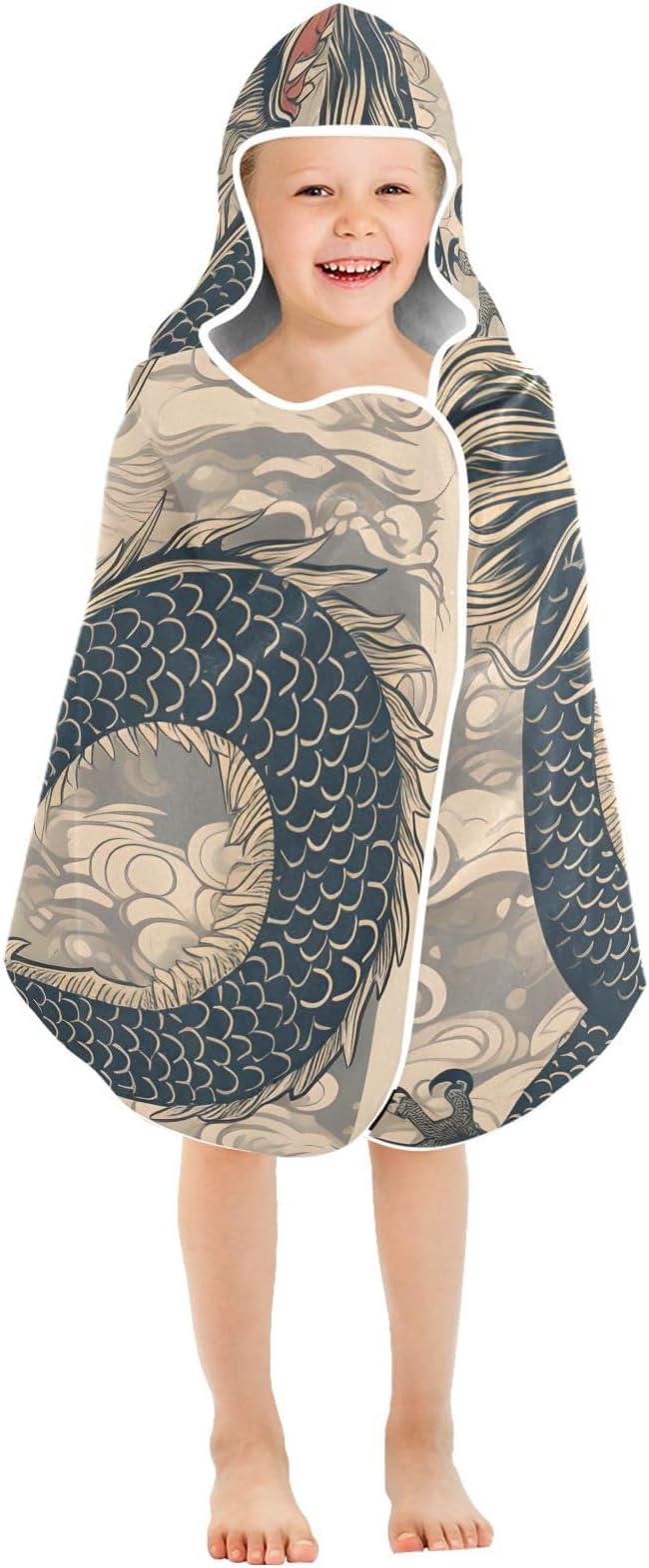 SUABO Kids' Bath Towels Chinese Dragon Painting Hooded Towels for Boys Girls,Toddler Towels Multi-Purpose for Beach,Pool and Bathroom,23.5" x 50", Soft and Highly Absorbent