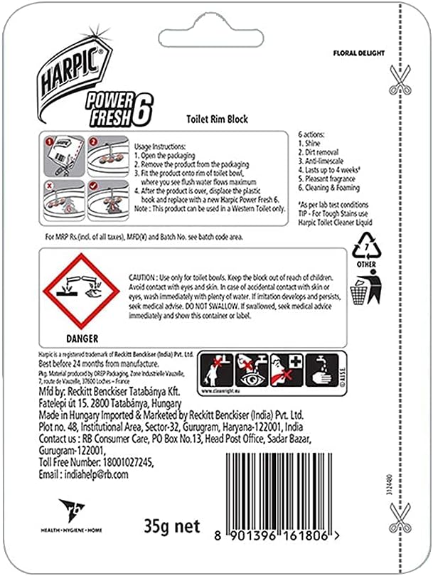 Harpic 35 gm - Floral Delight, Power Fresh 6 Toilet Cleaner Rim Block | Toilet flush cleaner blocks
