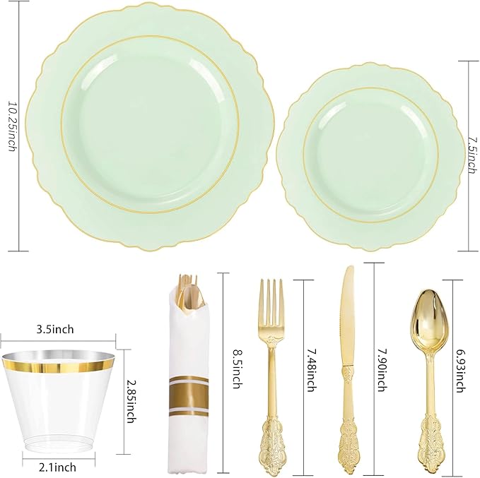 Liacere 350PCS Light Green Plates - Disposable Green and Gold Plastic Plates 50guest Baroque Dinnerware include 100Plates,50Pack Pre Rolled Napkins with Silverware 50Cups for Wedding & Party & Spring