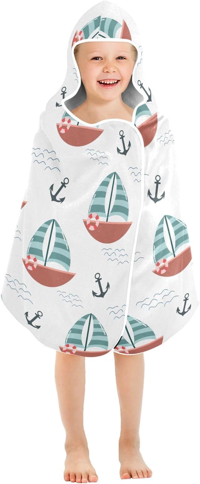 susiyo Kids Hooded Bath Towel Cute Boat Anchor Beach Towel for Kids 23.5 x 50 Inch Microfiber Soft Absorbent Quick Dry Bath Swim Pool Towel Wrap Poncho Bathrobe with Hood for Kids Toddler