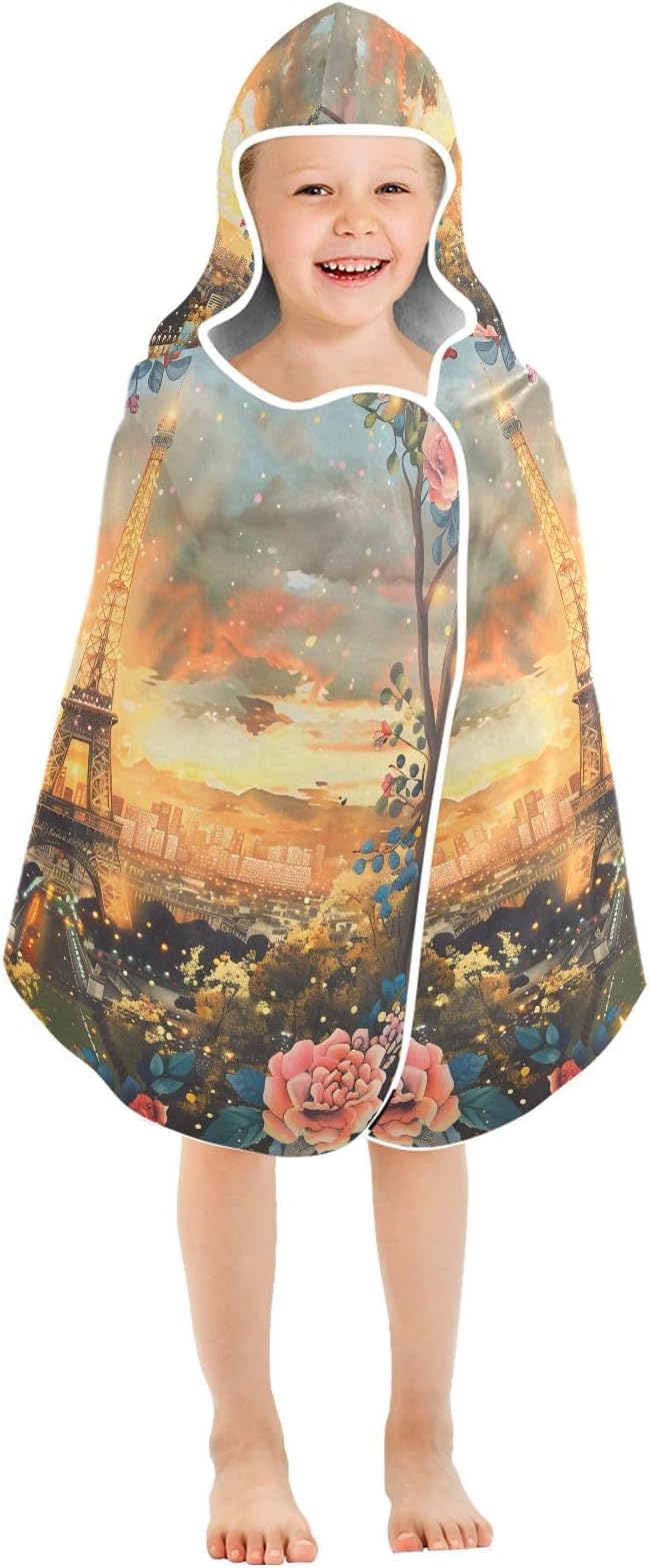 Hooded Towel for Kids Iron Tower Backdrop Beach Wrap Bath Towels 50x23.5in