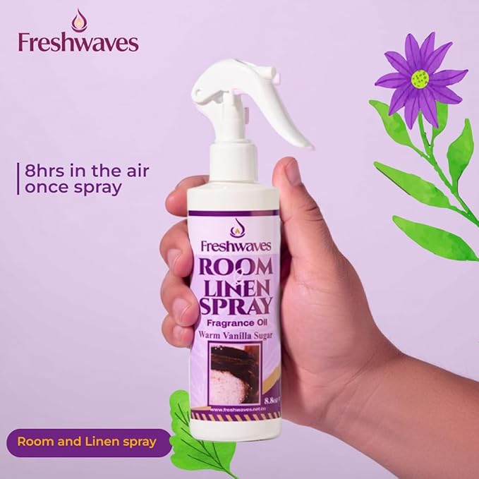 Freshwaves Room & Linen Spray | Warm Vanilla Sugar Fragrance Oil | 8.8oz Air Freshener | Odor Eliminator for Living Room, Bedroom, Bathroom & Office | Trigger Spray Bottle