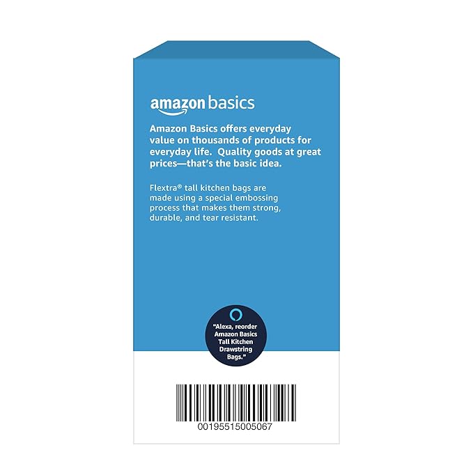 Amazon Basics Flextra Strength Tall Kitchen Drawstring Trash Bags, Fresh Scent, Tear Resistant, 13 Gallon, 90 Count