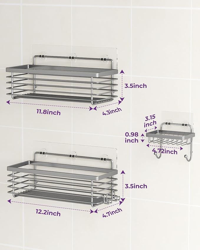 ODesign Shower Caddy 3 Pack SUS304 Stainless Steel-No Drilling-Shower Bathroom Shelves Rack,Rustproof Wall Mounted,Adhesive Shower Shelf Basket Organizer-Grey