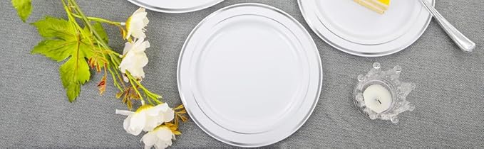 FLOWERCAT 60PCS Silver Plastic Plates - Heavy Duty White and Silver Plastic Plates Disposable - Include 30PCS 10.25inch Dinner Plates and 30PCS 7.5inch Dessert Plates for Wedding&Birthday Party