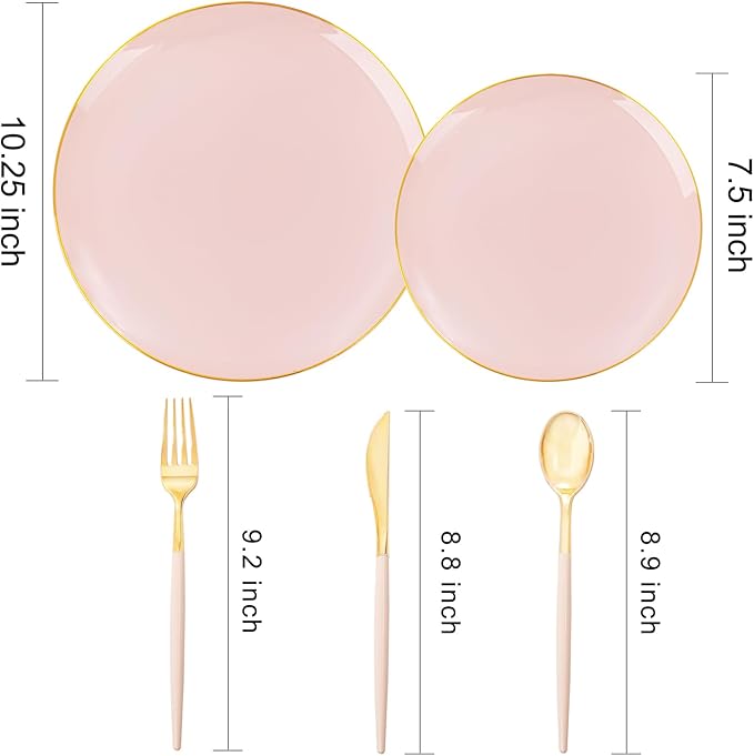 DaYammi 150Pcs Pink Plastic Plates with Gold Rim,Elegant Disposable Dinnerware with Gold Cutlery - 30 Dinner Plate,30 Dessert Plate,30 Knives,30 Forks,30 Spoons,Fancy Pink Plates for Party Wedding