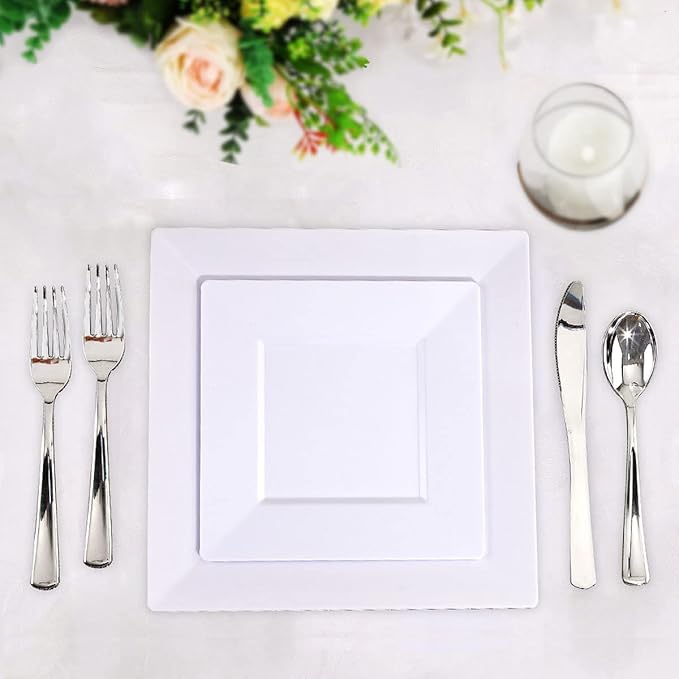 bUCLA 60Pieces White Plastic Plates – 7inch White Square Plates- Premium Disposable for Party & Wedding
