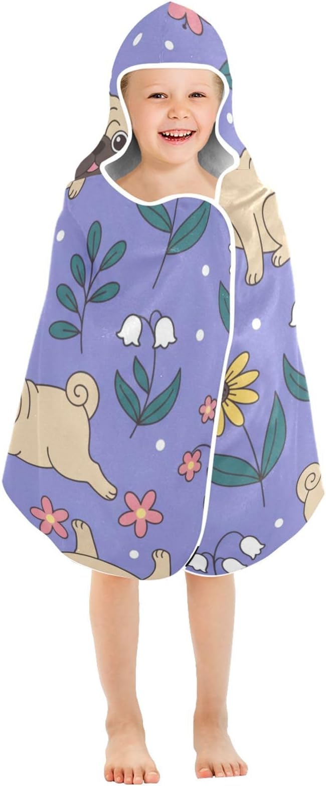 SUABO Kids' Bath Towels Pugs and Flowers Hooded Towels for Boys Girls,Toddler Towels Multi-Purpose for Beach,Pool and Bathroom,23.5" x 50", Soft and Highly Absorbent