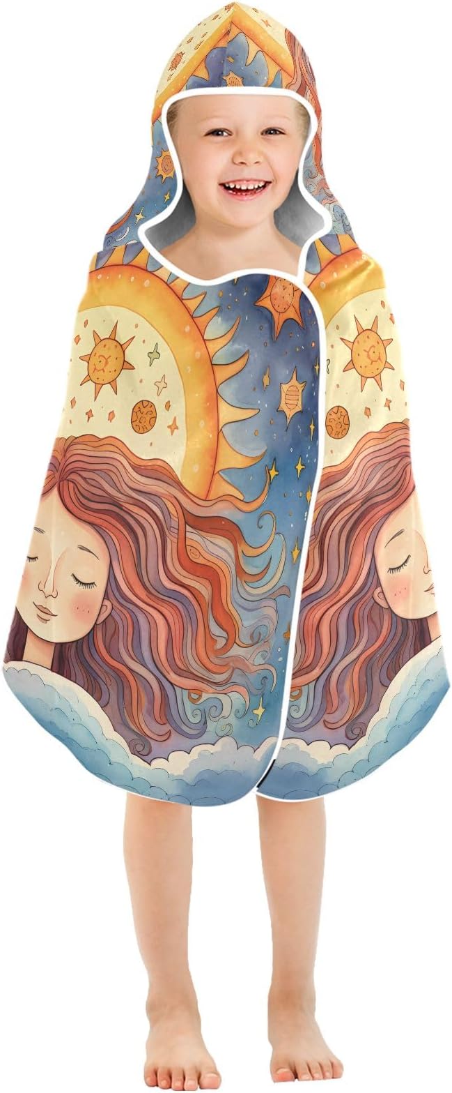 Hooded Towel for Kids Beautiful Girl Meditating Under The Sun Pattern Beach Wrap Bath Towels 50x23.5in