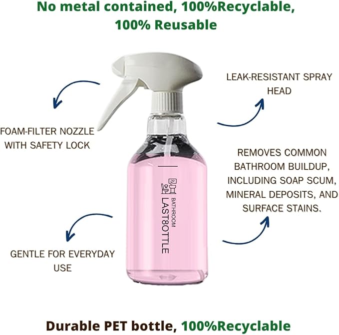 Bathroom Cleaner Starter Kit – Tartaric Acid (Milder than Citric) – Rich Foam Spray Clings to Grime – For Hard Water Stains on Shower Glass, Mirrors, Tile & Tub – Bottle + 3 Refills