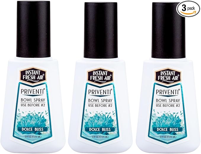 3-Pack - Instant Fresh Air Priventi Toilet Spray & Bathroom Spray Odor Eliminator - Travel Size Odor Elimination for #2 - For Home, Office, Travel - Dolce Bliss Fragrance - 2.4 oz each