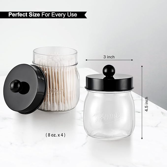 Farmhouse Decor Apothecary Jar Set, Mason Jar Bathroom Vanity Storage Organizer Canister-Qtip Holder Plastic Acrylic Jar for Cotton Swab, Cotton Pad, Floss Pick, Paper Clip, Hair Clips (4 Pack, Black)