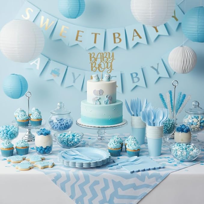 175 Pcs Light Blue Paper Plates and Napkins, Boy Baby Shower Decorations Include Blue Scalloped Plates Napkins Cups for Kindergarten Graduation, Birthday, Bridal Shower, Wedding