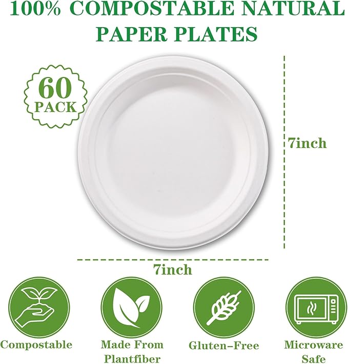 DaYammi 100% Compostable Paper Plates 7 Inch, 60-Pack Heavy Duty Paper Plates Bulk,Biodegradable Bagasse,Eco-Friendly Disposable Dessert Plate for BBQ,Picnic,Party (BPI Certified,Microwaveable)