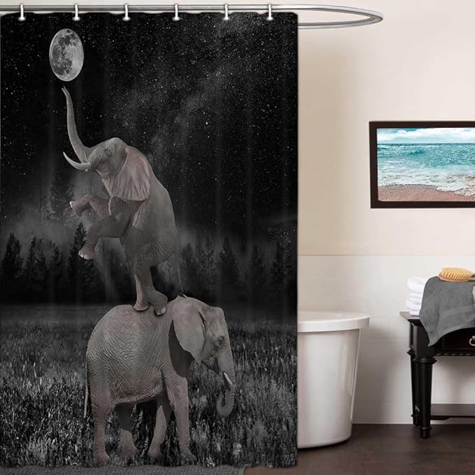 Boziqr Funny Shower Curtains for Bathroom, Cute Elephant Moon Forest Bath Curtain, Rustic Farmhouse Decor Polyester Fabric Fun Cool Animals Black 36 x 70 Inches