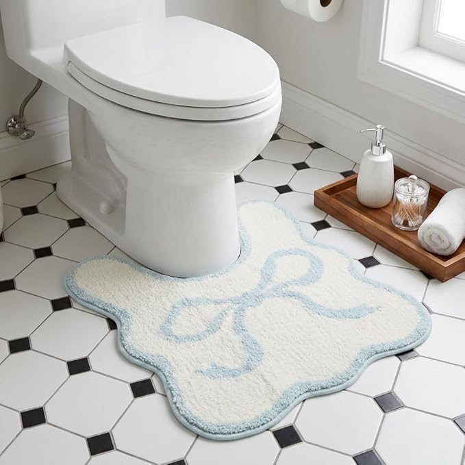 Blue Scalloped U-Shaped Toilet Mat 20x24, Cute Luxury Plush Bath Rug, Soft Absorbent Non-Slip Microfiber Floor Mat for Bathroom Decor and Toilet Base, Machine Washable