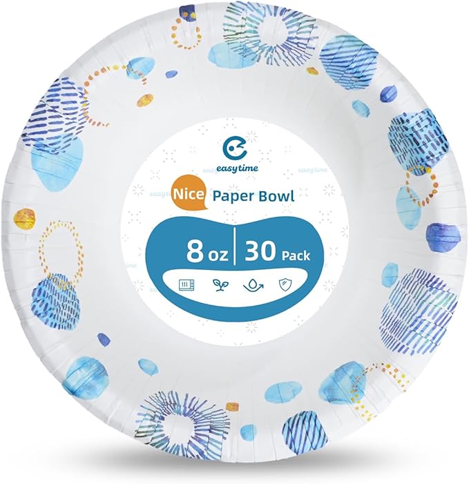 30 Pack Paper Bowls, 8 Oz Disposable Soup Bowl, Heavy Duty Printed Disposable Bowls Bulk For Snacks, Dessert, Breakfast, Lunch And Dinner Meals (Blue)