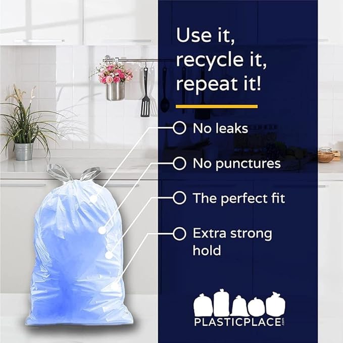 Plasticplace Custom Fit Blue Drawstring Trash Bags, Compatible with Simplehuman Code H, Tear-Resistant, Scent-Free, for Indoor Use Home Office Trashbags (100 Count), 8-9 Gallon / 30-35L, 18.5" x 28"