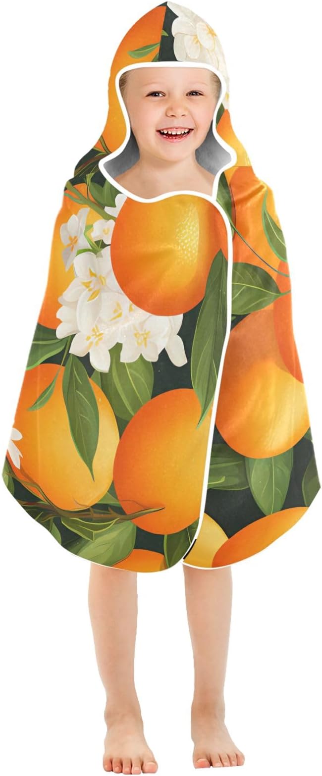 Hooded Towel for Kids Oranges and Blossoms Pattern Beach Wrap Bath Towels 50x23.5in