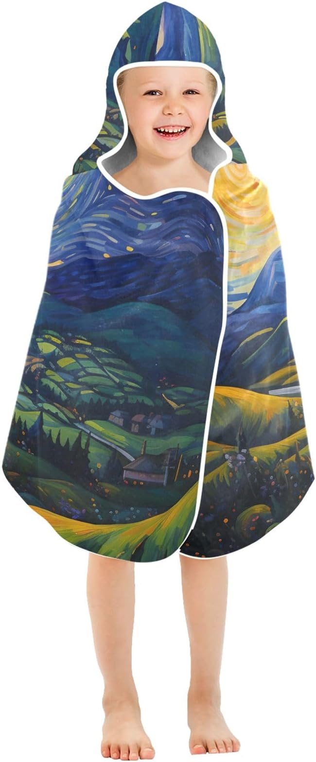Hooded Towel for Kids Starry Night of Village Fields Beach Wrap Bath Towels 50x23.5in