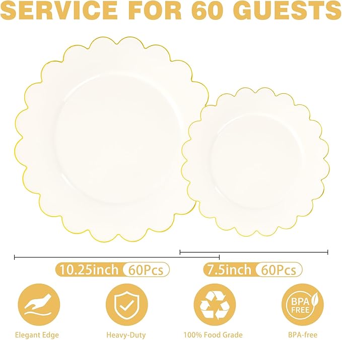 LIYH 120 Pcs Ivory Scalloped Plastic Plates Disposable - Ivory and Gold Plastic Plates - Gold Fancy Disposable Party Dinner & Dessert Plate for Wedding Birthday