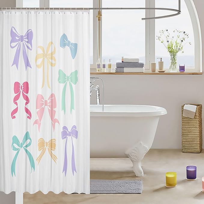 jejeloiu Watercolor Bow Shower Curtain for Kids 72"x78" Cute Bowknot Bathroom Shower Liner Room Decor Coquette Bows Bath Curtain Dreamy Princess Waterproof Soft Lightweight Polyester