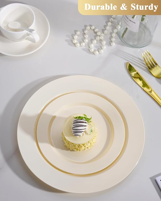 Goodluck 120 PCS Ivory Plastic Plates, Heavy Duty Disposable Ivory Plates with 60 10.25 inch Dinner Plates and 60 7.5 inch Dessert Plates for Party, Holiday, Wedding