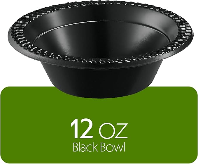 PLASTICPRO 200 PCS Black Plastic Bowls Light Weight 12 oz Plastic Soup Bowls Black Salad Plates Disposable for Party and Wedding