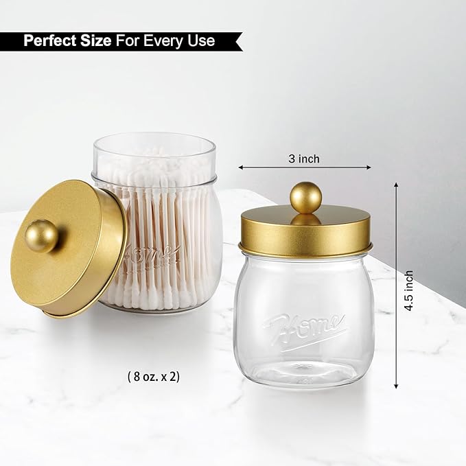 Farmhouse Decor Apothecary Jar Set, Mason Jar Bathroom Vanity Storage Organizer Canister-Qtip Holder Plastic Acrylic Jar for Cotton Swabs, Cotton Pad, Floss Pick, Paper Clips, Hair Clip (2 Pack, Gold)