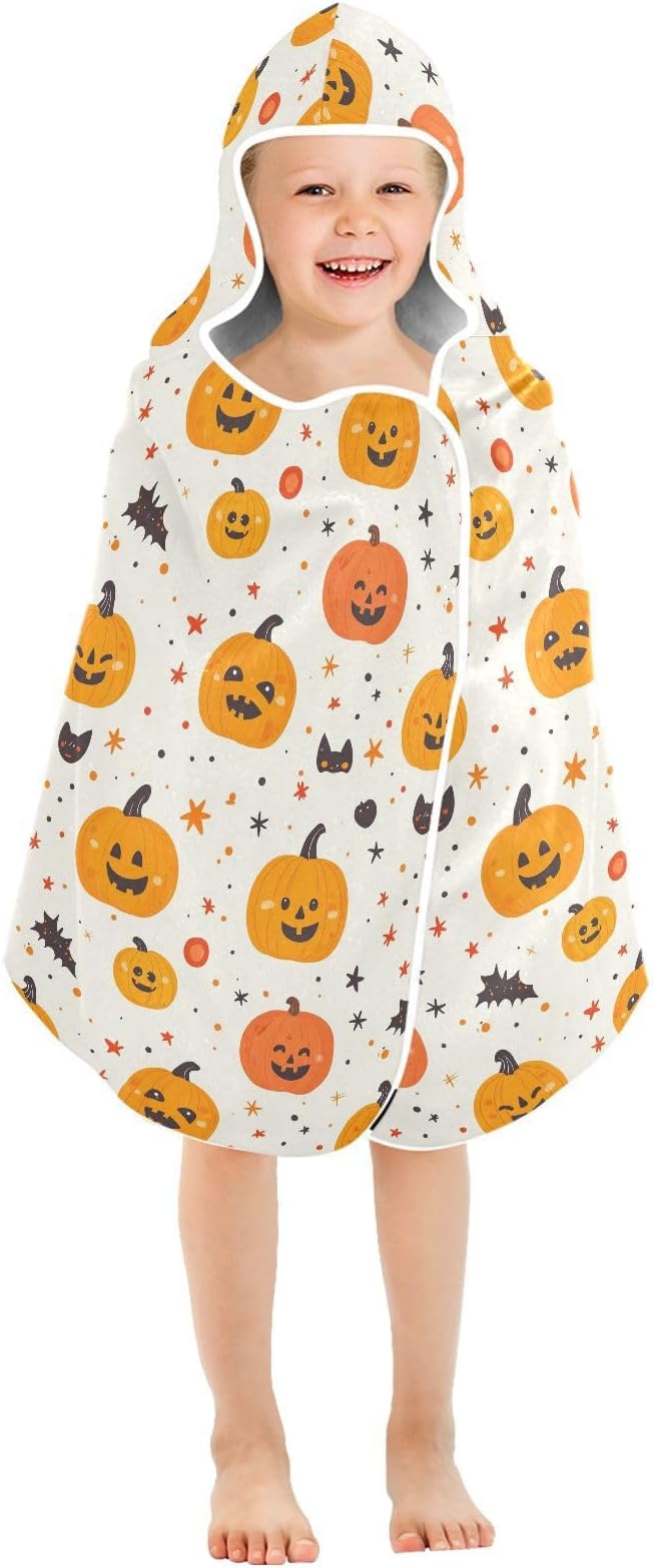 Kid Beach Towel Halloween Cartoon Pumpkins White Hooded Towels for Toddlers Lightweight Bath Towels with Hood