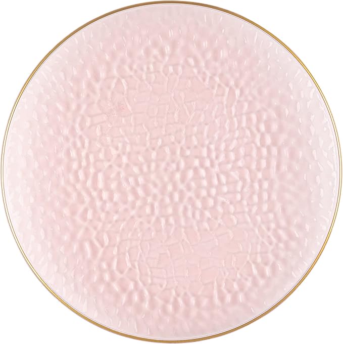 PLASTICPRO 30 Pack Hammered Plastic Plates Heavyweight Disposable Plastic Plates Elegant Clear Rim Platsic Party Dishes (Hammered Pink With Gold Rim, 7'' INCH PLATES)