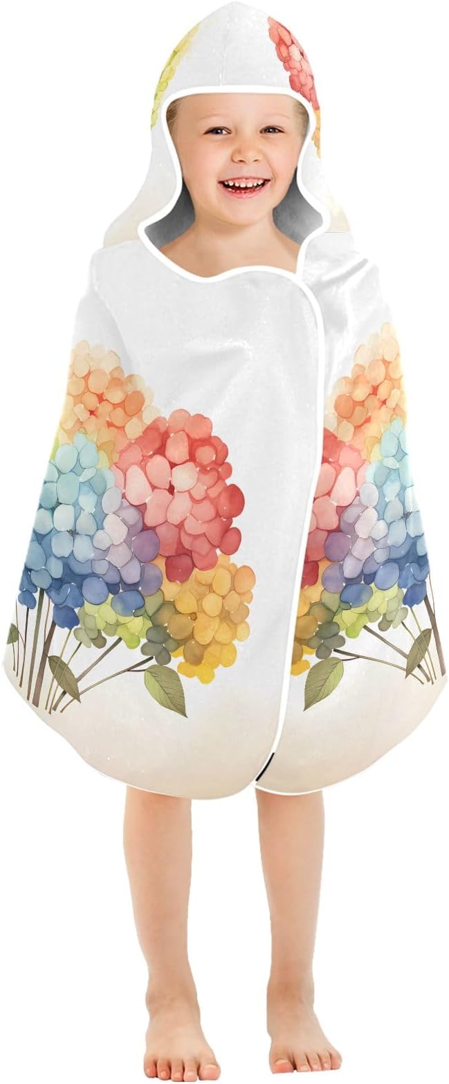Hooded Towel for Kids Rainbow Hydrangea Pattern Beach Wrap Bath Towels 50x23.5in