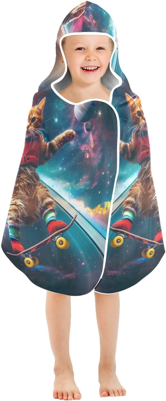 Hooded Towel for Kids Astronaut Cat Skateboard on Saturn's Rings Beach Wrap Bath Towels 50x23.5in