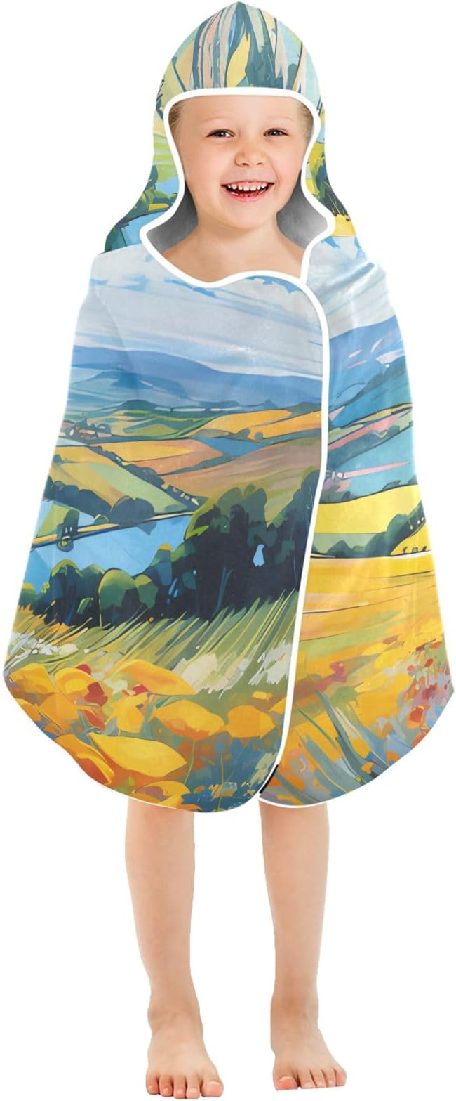Hooded Towel for Kids Bright Colors Countryside View Beach Wrap Bath Towels 50x23.5in