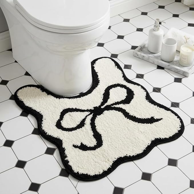 Black Scalloped U-Shaped Toilet Mat 20x24, Cute Luxury Plush Bath Rug, Soft Absorbent Non-Slip Microfiber Floor Mat for Bathroom Decor and Toilet Base, Machine Washable