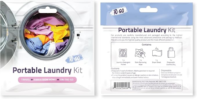 Portable Laundry Kit – Travel Clothes Cleaning Essentials with Liquid Detergent, Stain Remover Wipe, Dryer Sheet & Laundry Bag – Bulk Supply for Motels, Camping & Charities (5 Packs)