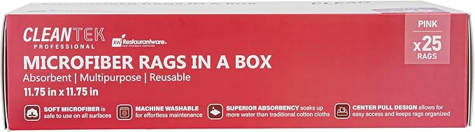 Restaurantware-Clean Tek Professional 11.81 x 11.81 Inch Microfiber Rags In a Box, 25 Absorbent Cleaning Cloths - No-Scratch, Pink Microfiber Reusable Edgeless Cleaning Towels, Leaves No Streak