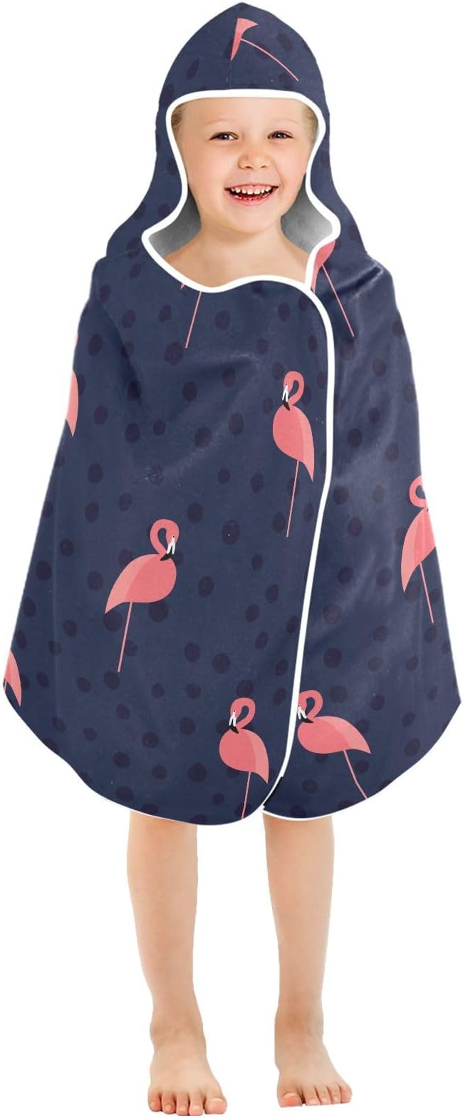 susiyo Kids Hooded Bath Towel Pink Flamingo Black Dots Beach Towel for Kids 23.5 x 50 Inch Microfiber Soft Absorbent Quick Dry Bath Swim Pool Towel Wrap Poncho Bathrobe with Hood for Kids Toddler