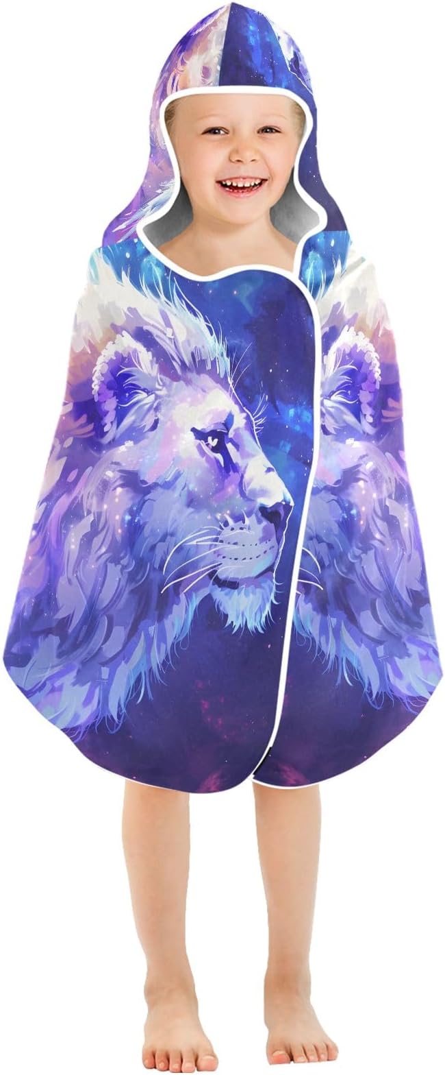Hooded Towel for Kids Comic Style Purple Lion Beach Wrap Bath Towels 50x23.5in