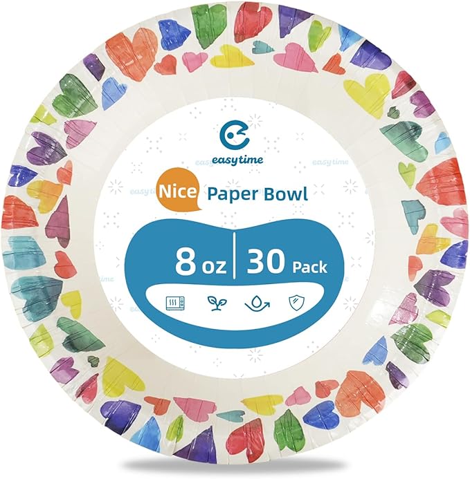 30 Pack Paper Bowls, 8 Oz Disposable Soup Bowl, Heavy Duty Printed Disposable Bowls Bulk For Snacks, Dessert, Breakfast, Lunch And Dinner Meals (Heart Pattern)