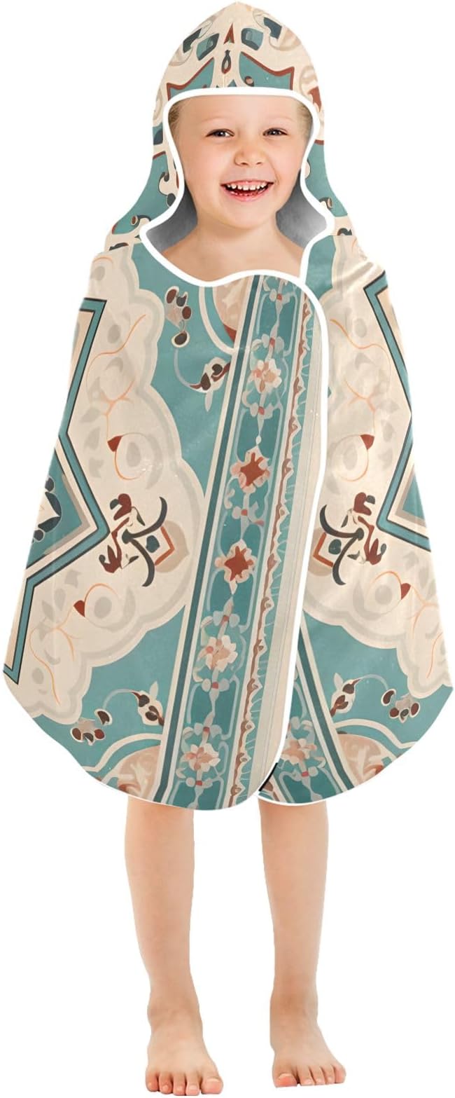 Hooded Towel for Kids Retro Blue Ethnic Floral Beach Wrap Bath Towels 50x23.5in