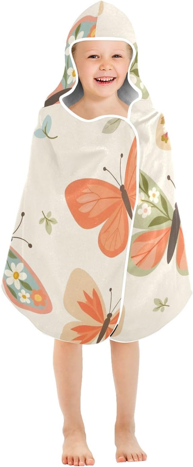 SUABO Kids' Bath Towels Butterfly with Flower Hooded Towels for Boys Girls,Toddler Towels Multi-Purpose for Beach,Pool and Bathroom,23.5" x 50", Soft and Highly Absorbent